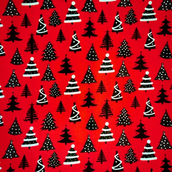 Christmas Polycotton - Black and White Cristmas Trees on Red